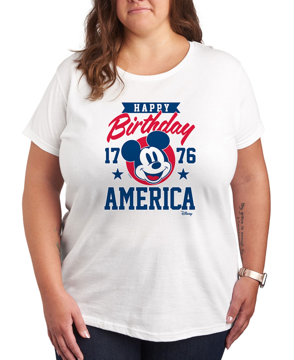Plus Size Disney Mickey Happy Birthday America Graphic T-Shirt - White