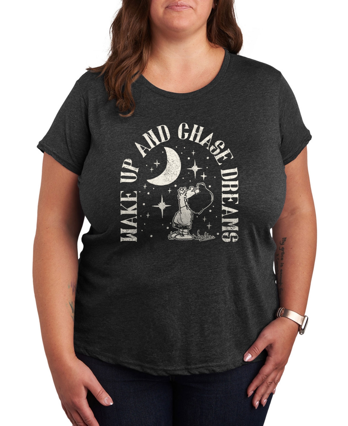 Plus Size Peanuts Wake Up and Chase Dreams Graphic T-Shirt - Grey