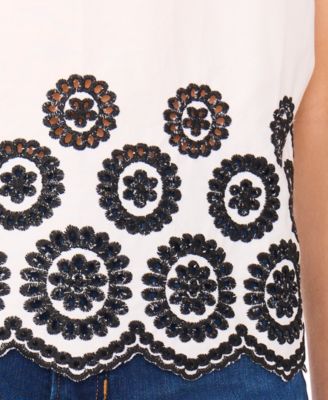 Women's Contrast Embroidered Cotton Cap-Sleeve Blouse