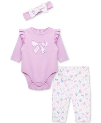 Little Me - Baby Girls Pretty Bows Cotton Headband, Bodysuit & Pants Set