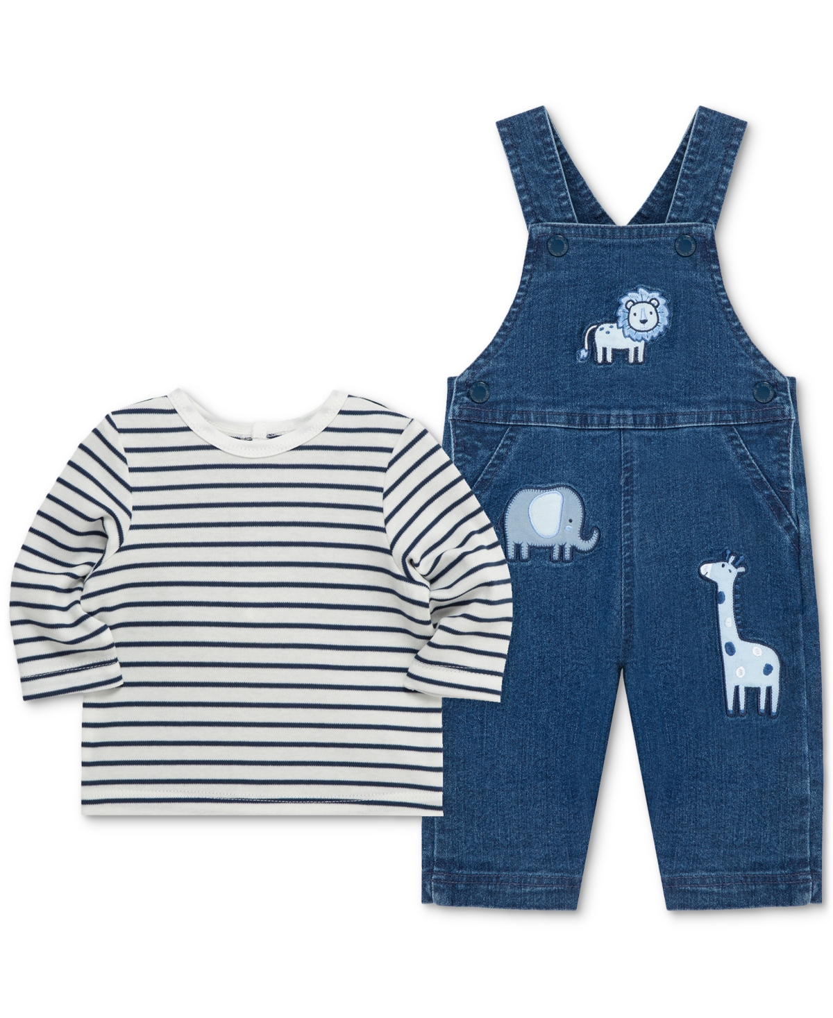 Little Me Safari Embroidered Overalls & Stripe Shirt Set In Blue