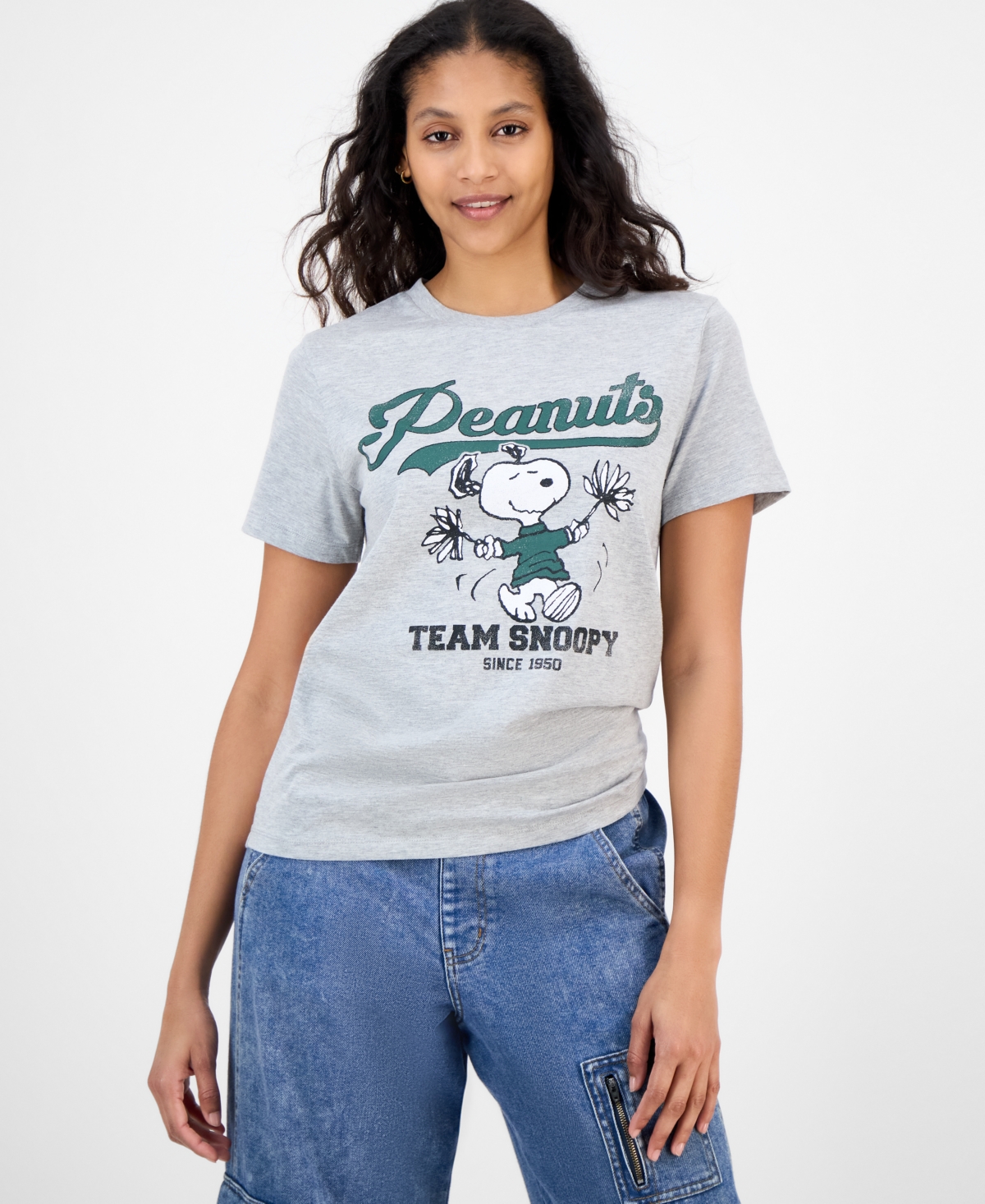 Juniors' Peanuts Snoopy Cheer T-Shirt - Gray