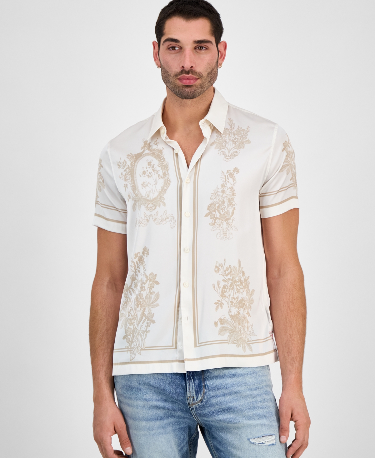 Men's Floral Mirror Charm Short Sleeve Button-Front Shirt - Salt White Multi