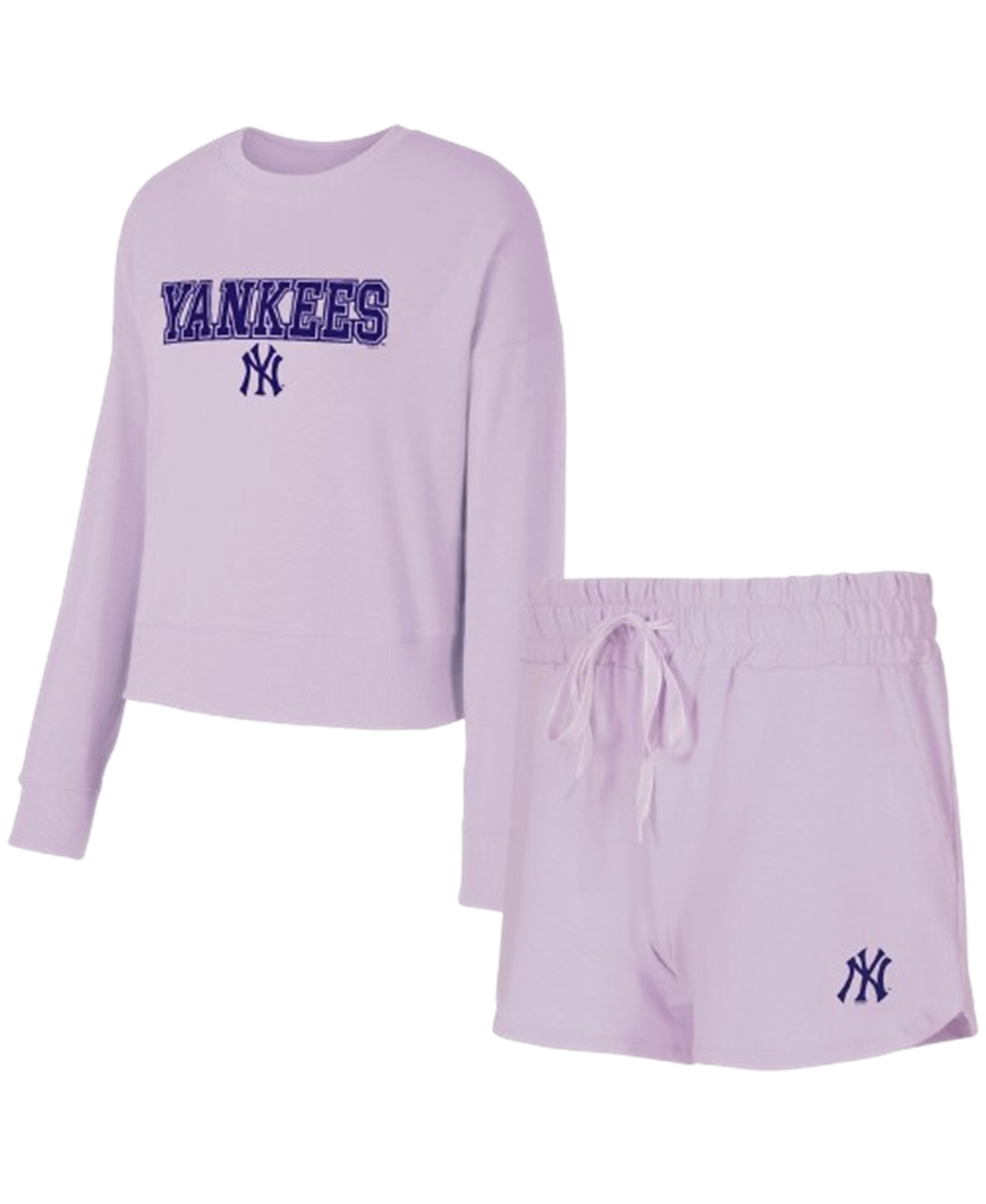 CONCEPTS SPORT WOMEN'SÂ 3-PIECE LAVENDER NEW YORK YANKEES ELEVATION TRI-BLEND LONG SLEEVE T-SHIRT AND SHORTS SET 