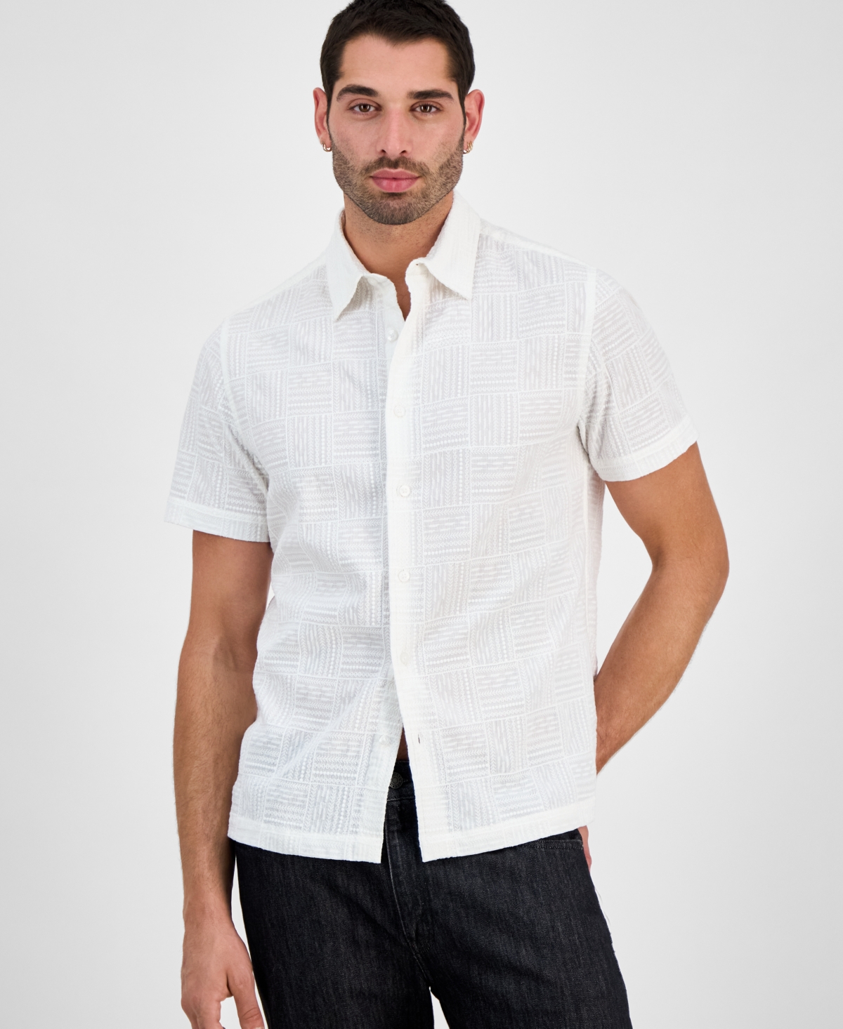 Men's Idris Embroidery Short Sleeve Button-Front Shirt - Pure White