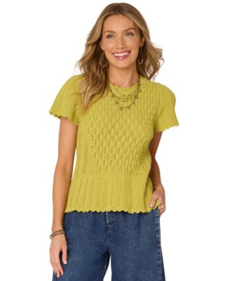 Democracy - Petite Crochet Flounce-Sleeve Peplum Sweater