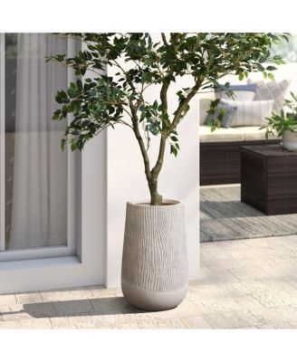 Blended Tan with Wood Pattern Round Tapered 19-Inch Tall MgO Planter, Indoor and Outdoor