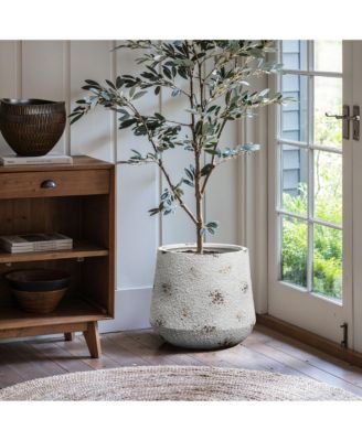 Rustic Off White with Brown Accents 15.6-Inch Tall Round MgO Planter