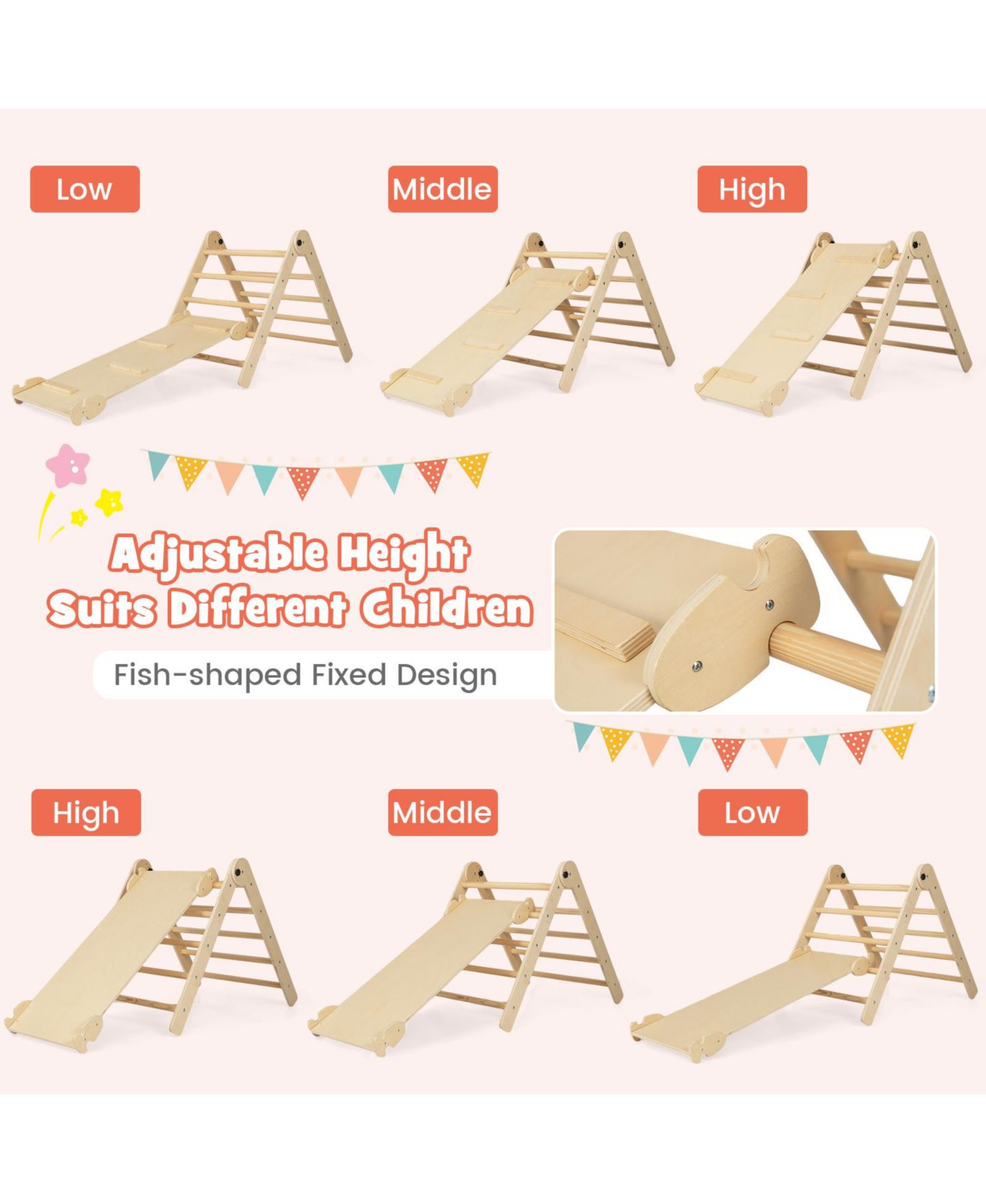 Детские игрушки Mecale 3-in-1 Climbing Set Wood Adjustable Foldable Triangle Set, Ages 3+, цвет: Натуральный — фото 7