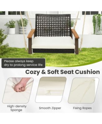 Single Rattan Porch Swing with Armrests Cushion and Hanging Ropes