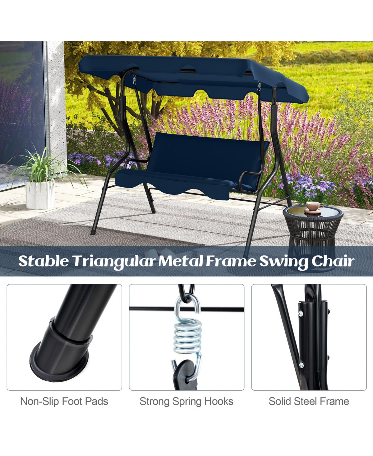 3 Seat Outdoor Patio Canopy Swing with Cushioned Steel Frame