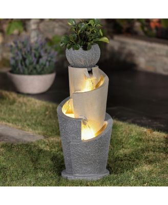 Gray Resin Cascading Spiral Outdoor Fountain with LED Lights
