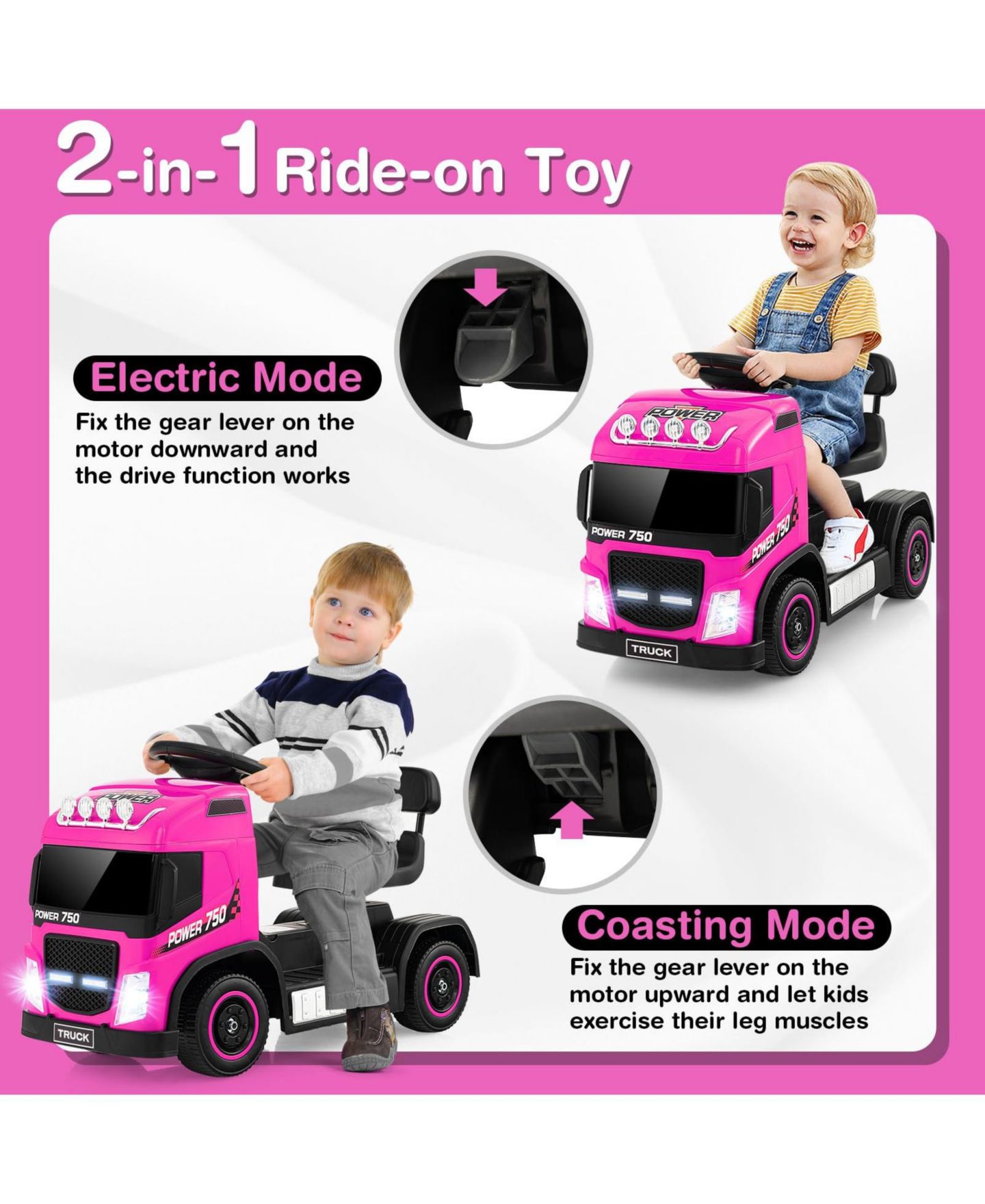 Детская игрушка Mecale 6V 2-in-1 Height-Adjustable Ride-On Truck, Ages 2-7, цвет: Розовый — фото 4