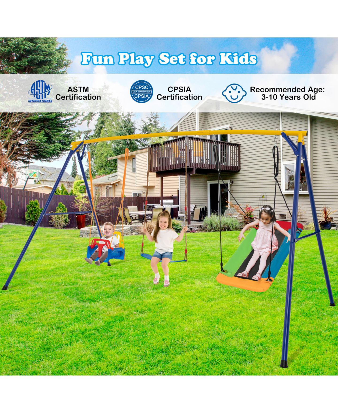 Детская игрушка Mecale 660 LBS Heavy Duty Carbon Steel Swing Frame with 3 Swings, цвет: Синий — фото 8