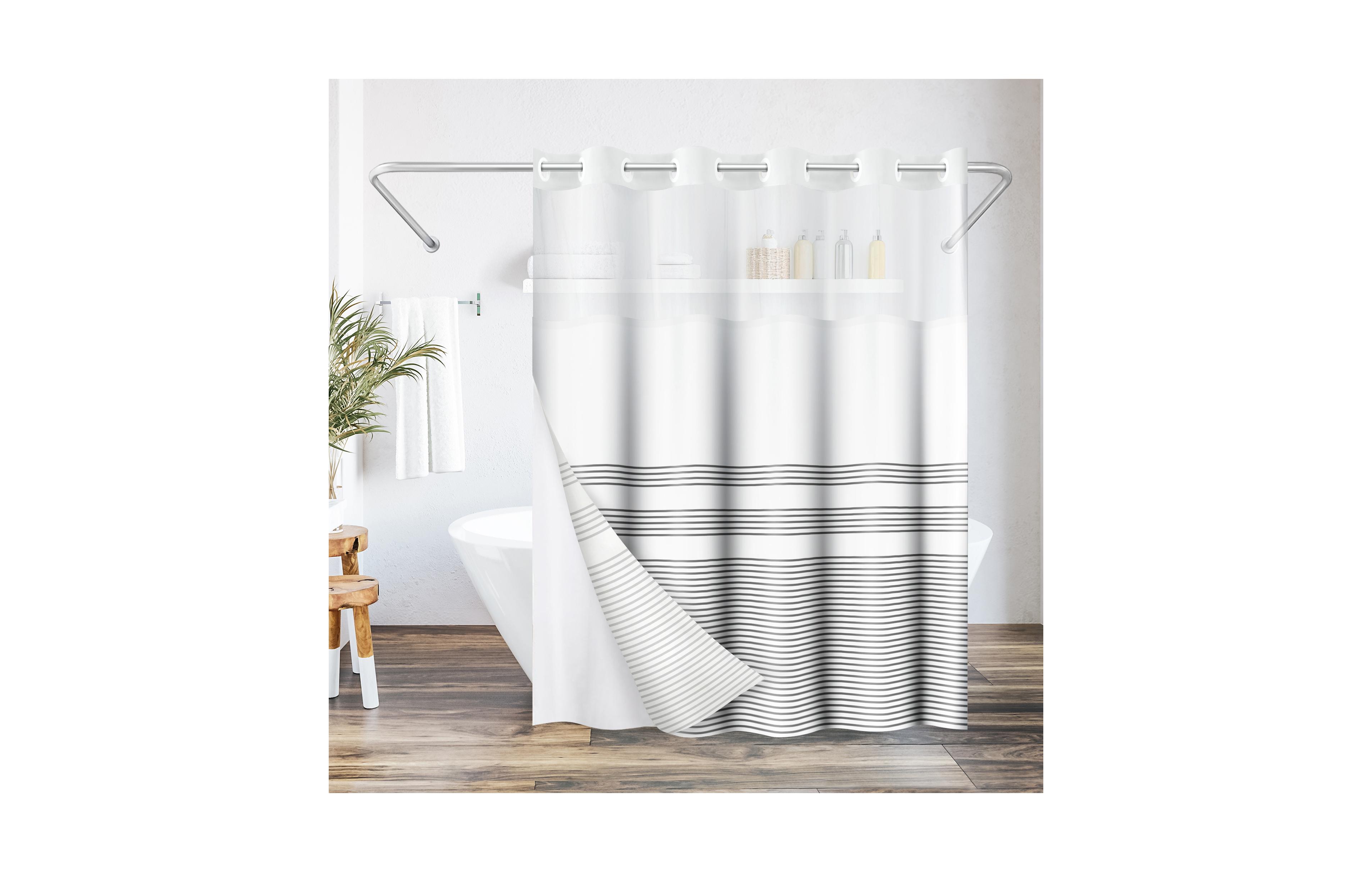 Americanflat 72x75 Hookless Shower Curtain - Grey Lines Shower Curtain with Sheer Panel, Snap-In Liner, and Grommets - 100% Polyester