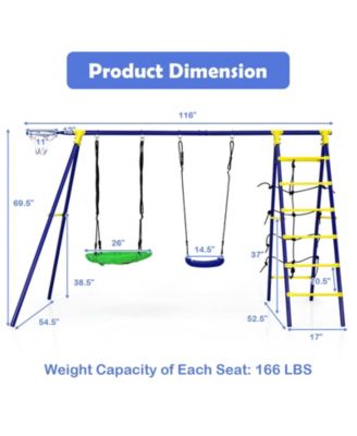 5-In-1 Outdoor Kids Swing Set with A-Shaped Metal Frame and Ground Stake