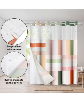 72x75 Hookless Shower Curtain - Abstract Pink Green Orange Shower Curtain with Sheer Panel, Snap-In Liner, and Grommets - 100% Polyester
