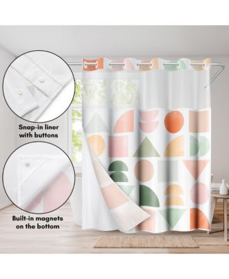 72x75 Hookless Shower Curtain - Abstract Orange Green Shower Curtain with Sheer Panel, Snap-In Liner, and Grommets - 100% Polyester