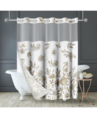 72x75 Hookless Shower Curtain - Floral Gold Grey Shower Curtain with Sheer Panel, Snap-In Liner, and Grommets - 100% Polyester