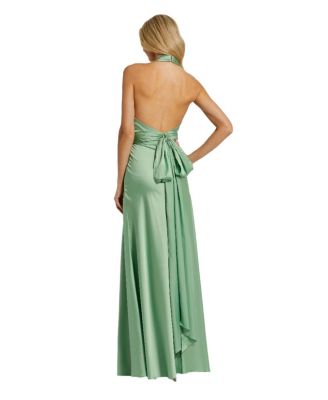 Women's Ruched Halter Neck Tie Back Satin Gown