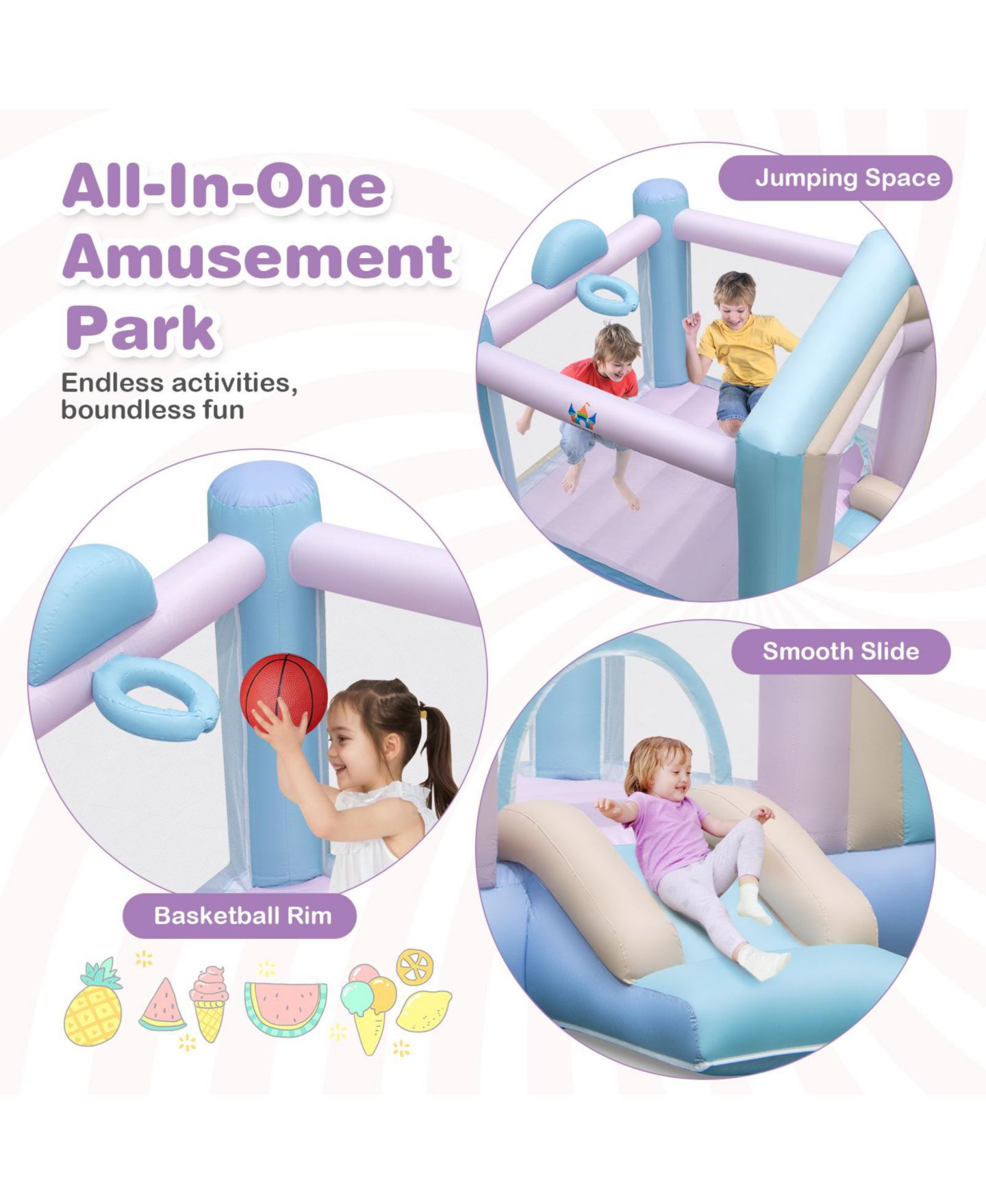Детская игрушка Mecale Macaron 114.5"L x 79.5"W x 85"H PVC Bounce House with Basketball Rim and Slide, 130 lbs Weight Capacity, Ages 3-10, цвет: Синий — фото 6