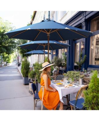 Boho 32 LED 9Ft Wood Market Patio Umbrella with Solar Lights for Bar Hotel Resort Alfresco Dining Rooftop Restauran Navy Blue