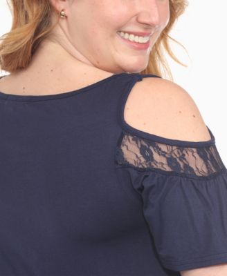 Plus Size Cold Shoulder Lace Trim Knit Top