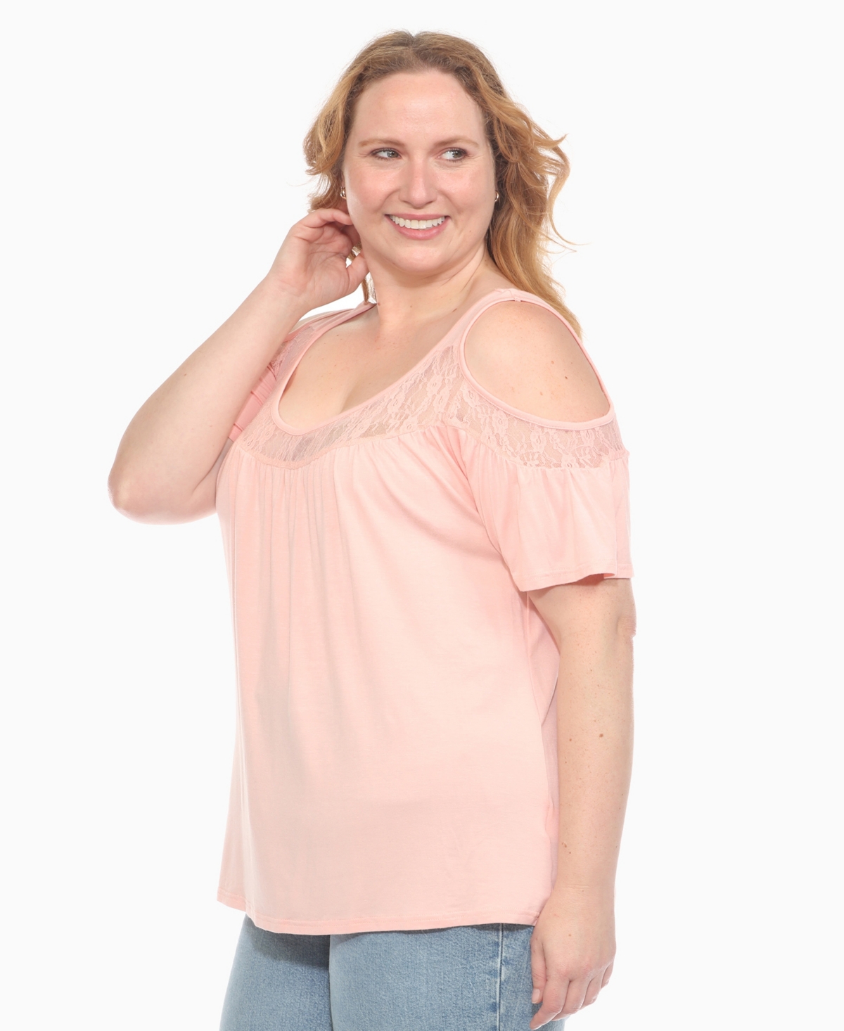 White Mark Plus Size Cold Shoulder Lace Trim Knit Top