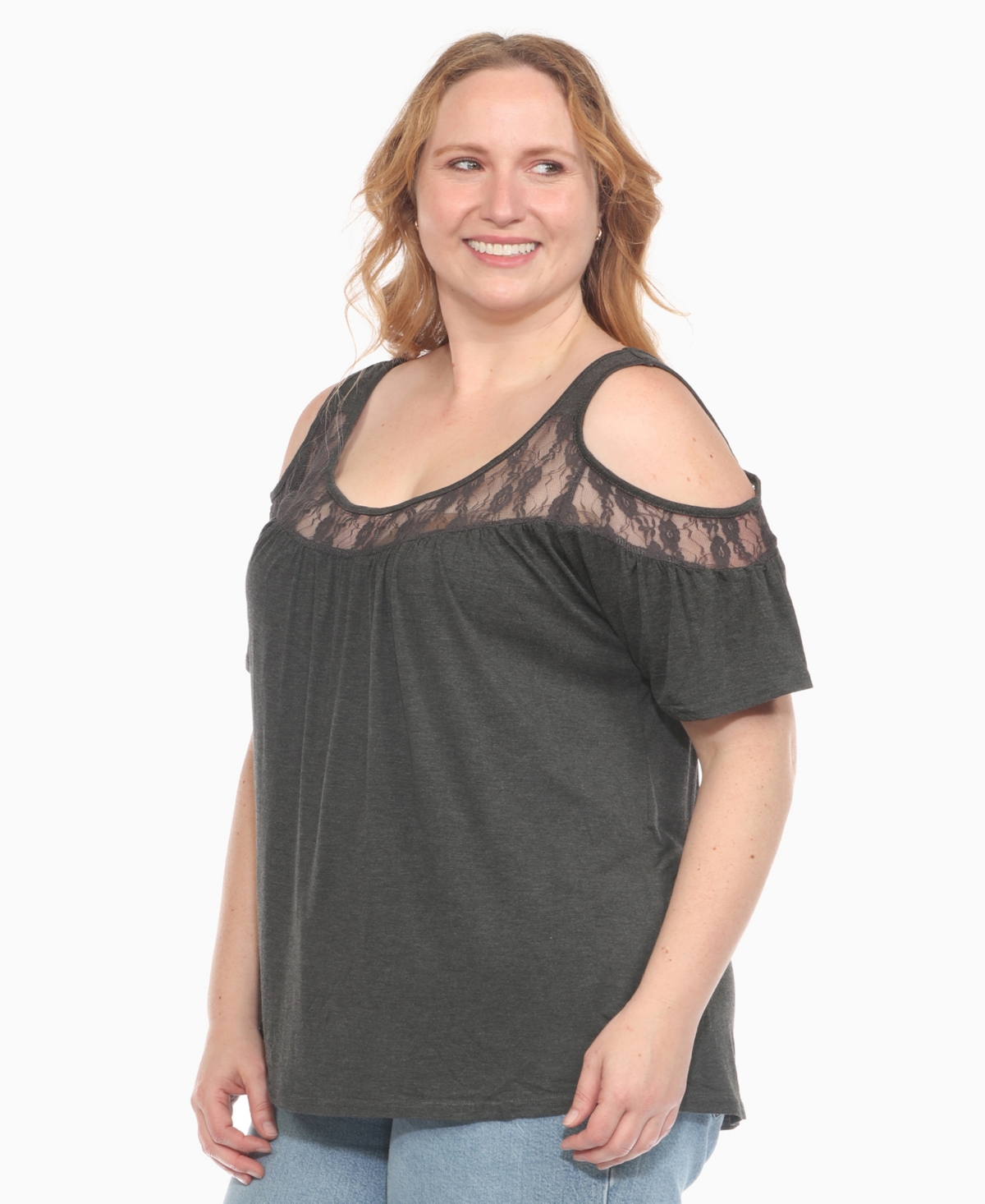 White Mark Plus Size Cold Shoulder Lace Trim Knit Top