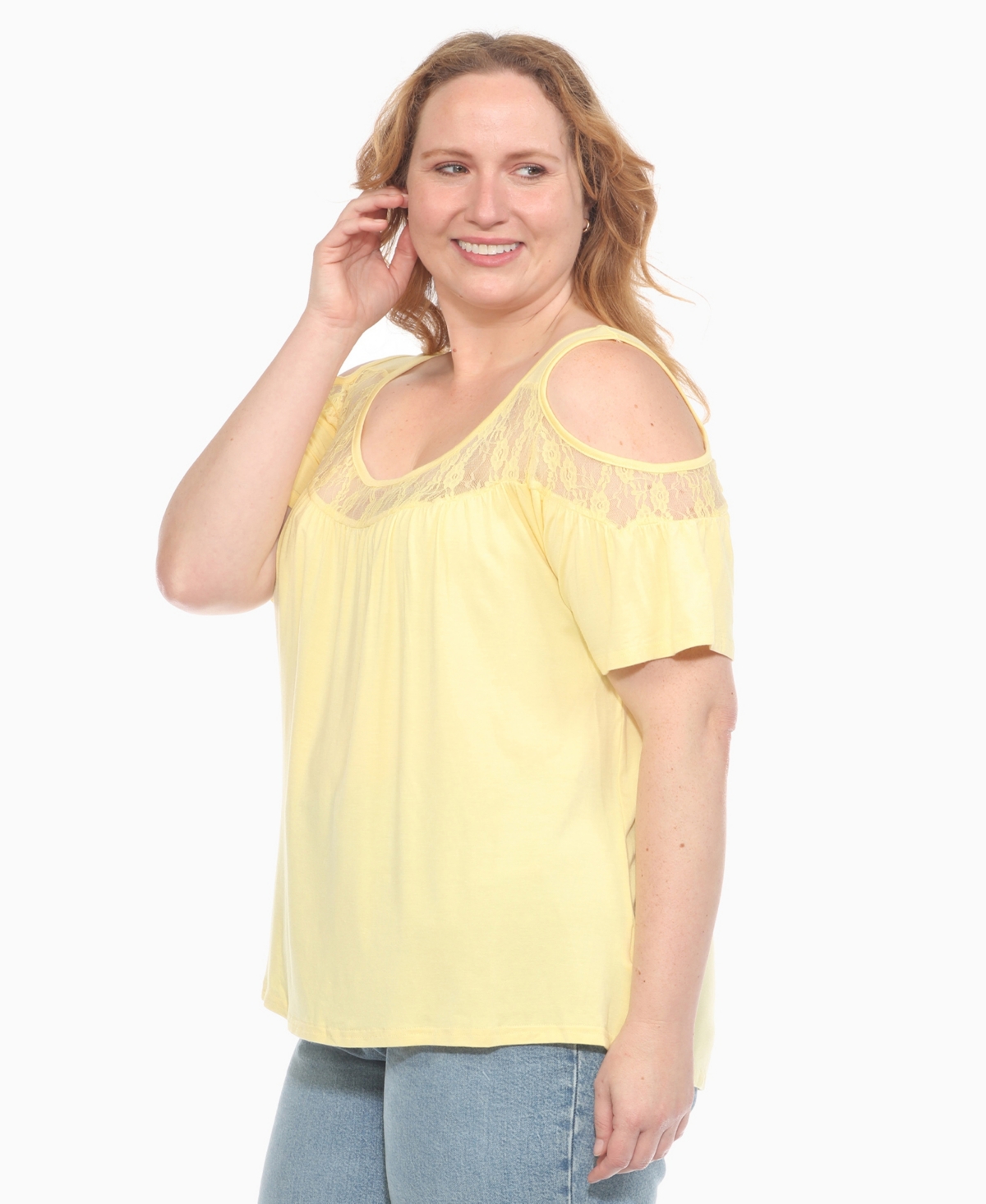 White Mark Plus Size Cold Shoulder Lace Trim Knit Top