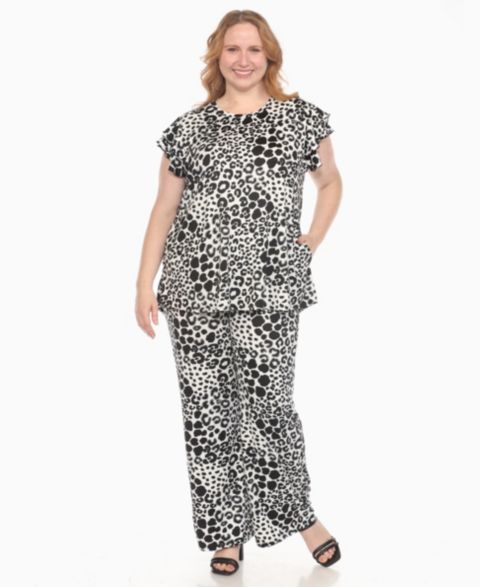 Женский комплект White Mark Plus Size 2-Piece Floral Print Tunic Top and Pants Set, цвет: Чёрный