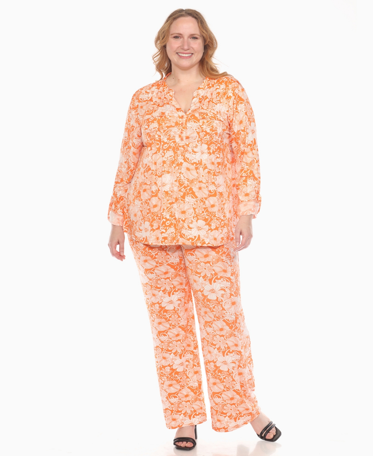 WHITE MARK PLUS SIZE 2-PIECE FLORAL PRINT TUNIC TOP AND PANTS SET 