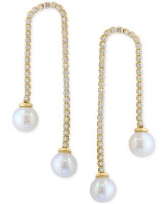 EFFY&reg; Cultured Freshwater Pearl (7mm) & White Zircon (1-1/6 ct. t.w.) Chain Drop Earrings in 14k Gold