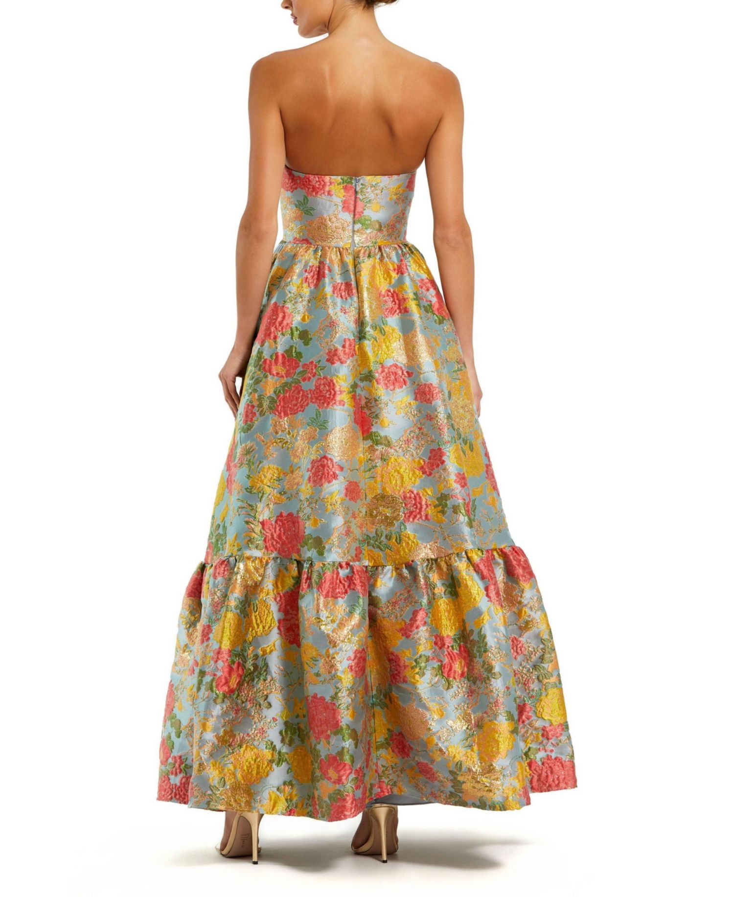 Women's Strapless Brocade Floral Gown With Ruffle Hem