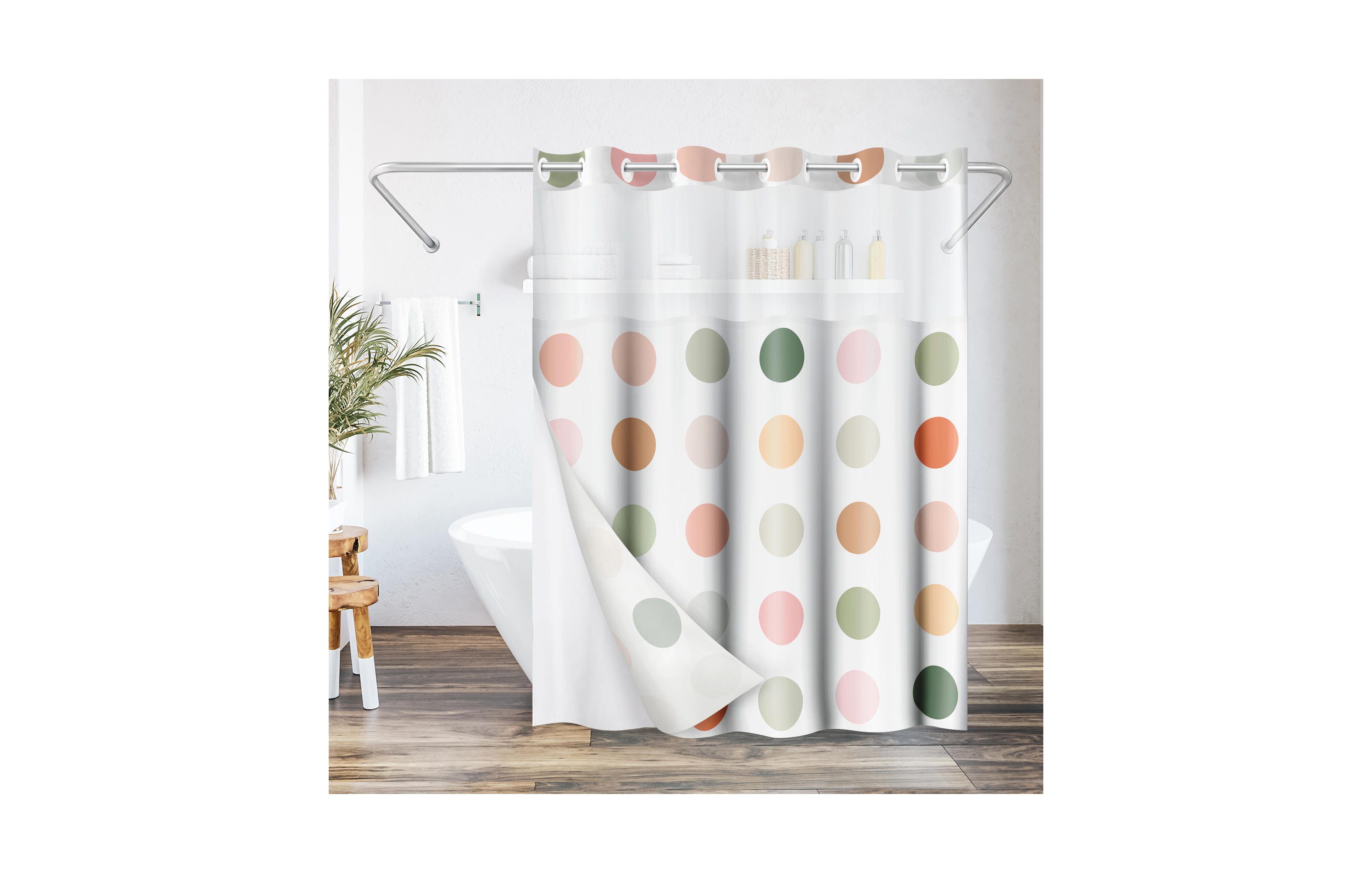 Americanflat 72x75 Hookless Shower Curtain - Polka Dot Green Orange Pink Shower Curtain with Sheer Panel, Snap-In Liner, and Grommets