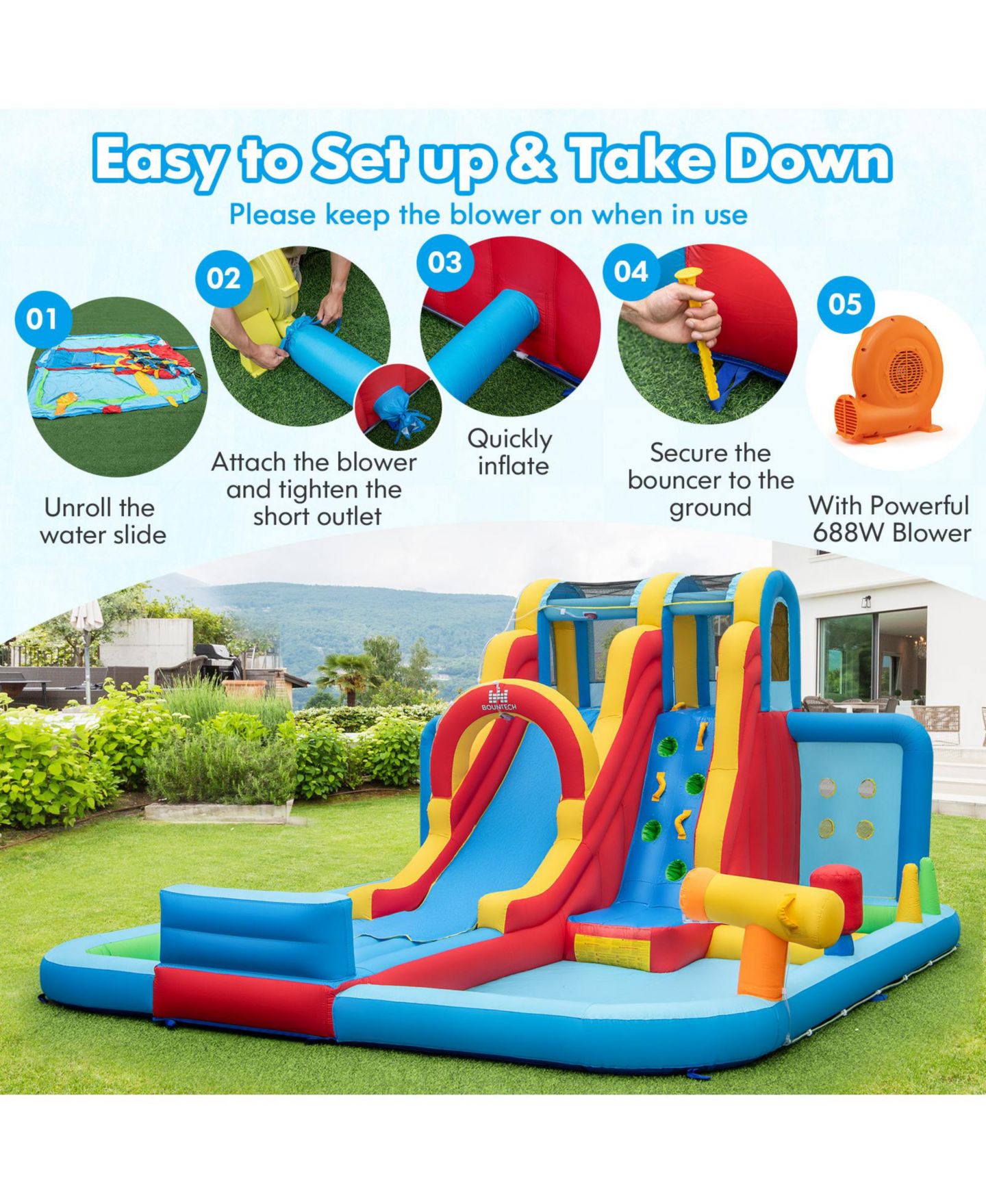 Детская игрушка Mecale Inflatable Water Park with Long Slide and Splash Pools, 163"L x 157"W x 91"H, Ages 3-10, цвет: Синий — фото 7