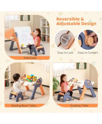 6-In-1 Folding Kids Art Easel with Reversible Building Block Tabletop