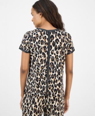 Petite Back-Button Animal-Print Top