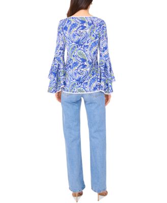 Women's Printed Crewneck 3/4-Bell-Sleeve Blouse