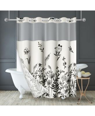 72x75 Hookless Shower Curtain - Floral Cream and Black Shower Curtain with Sheer Panel, Snap-In Liner, and Grommets - 100% Polyester