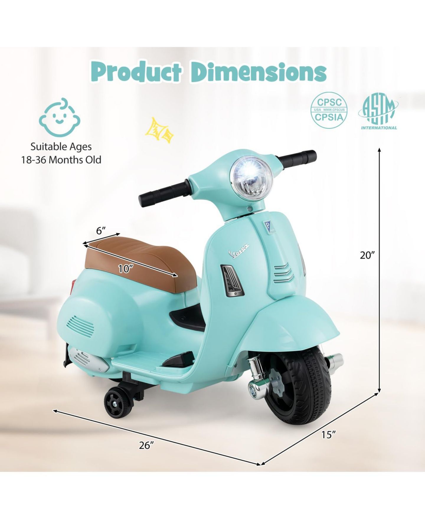 Детская игрушка Mecale Vespa Kids Ride-On Motorcycle with LED Headlight, Horn, and Training Wheels, Ages 18-36 Months, цвет: Синий — фото 3