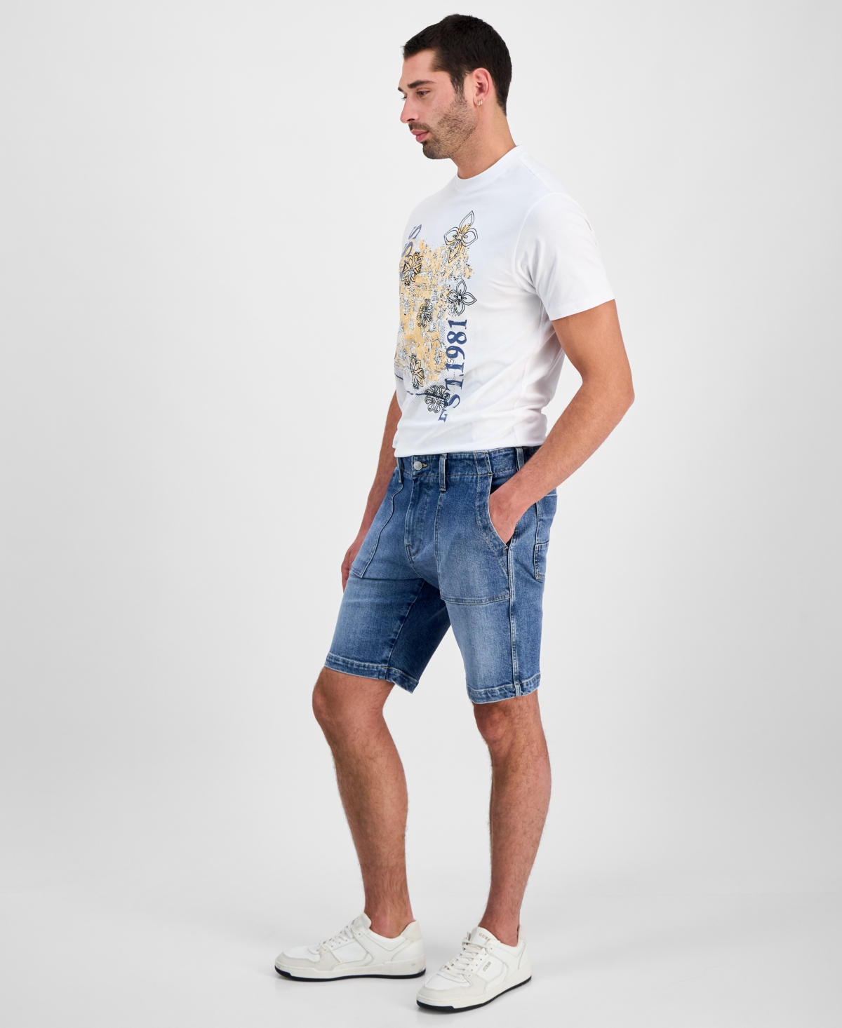Guess Men's Denim Utility 9" Shorts In White
