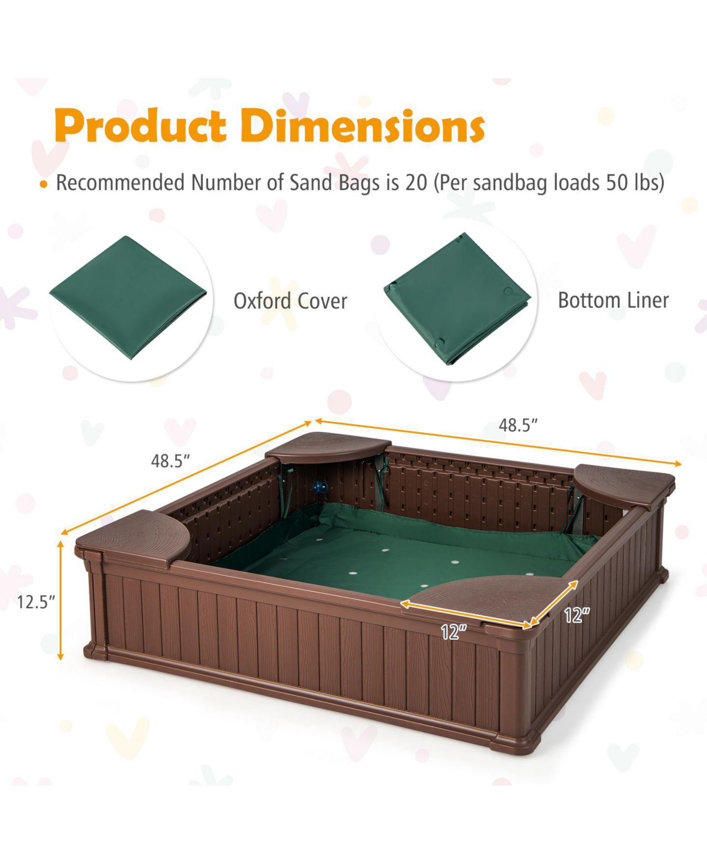 Детская игрушка Mecale Kids Outdoor Sandbox with Oxford Cover and 4 Corner Seats, цвет: Коричневый — фото 2