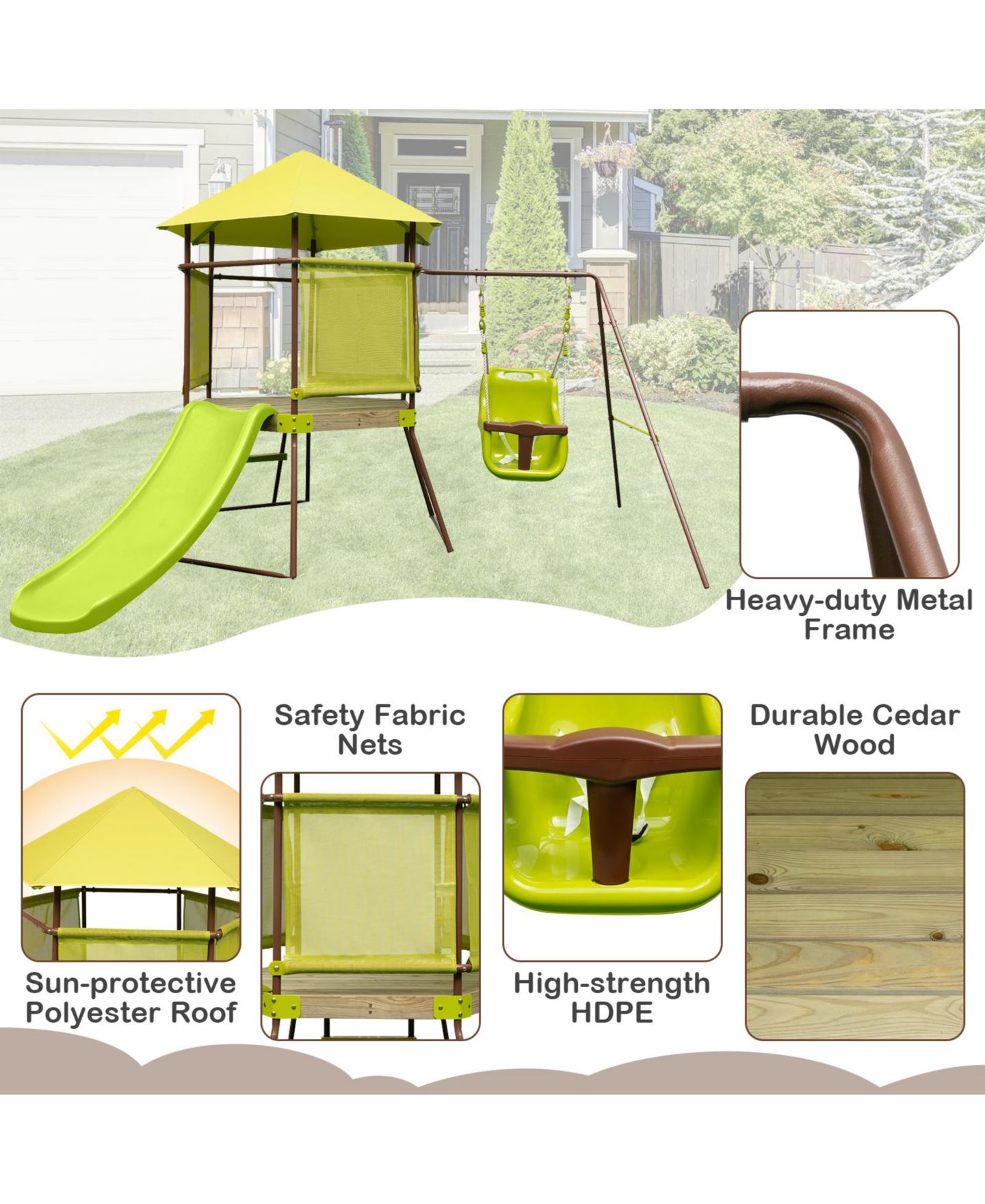 Детские игрушки Mecale 4-in-1 Metal Playhouse Fort Swing Set with Height-Adjustable Baby Seat, Ages 6 Months-12 Years, цвет: Жёлтый — фото 6
