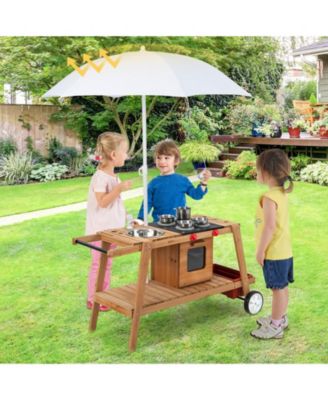 Wooden Play Cart with Sun Proof Umbrella for Toddlers Over 3 Years Old