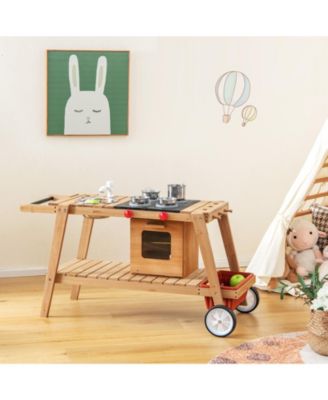 Wooden Play Cart with Sun Proof Umbrella for Toddlers Over 3 Years Old