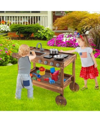 Outdoor Movable Mud Kitchen with 2 Rolling Wheels and 1 Push Handle