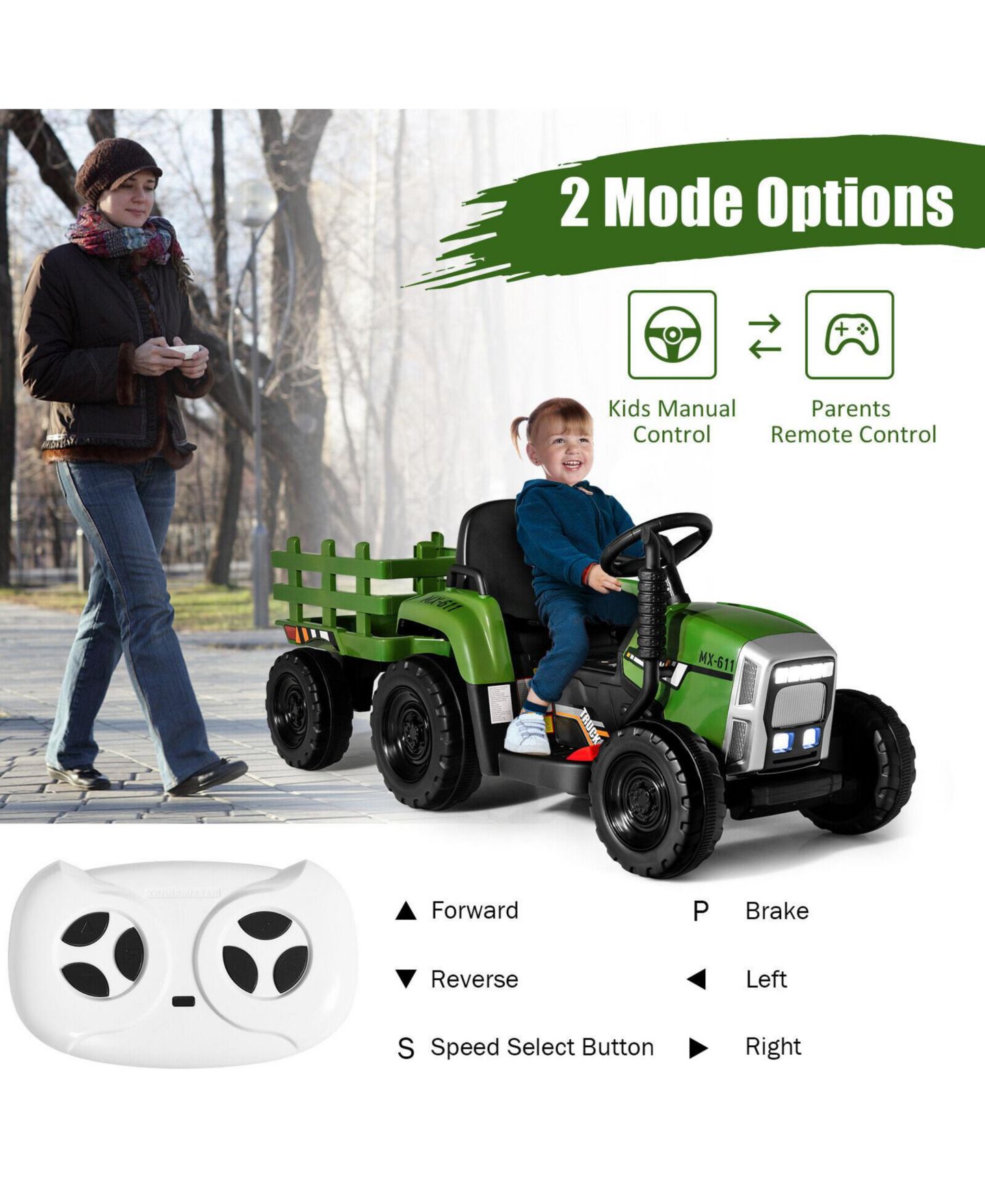 Детская игрушка Mecale 12V Ride on Tractor with 3-Gear-Shift Ground Loader for Kids 3+ Years Old, цвет: Зелёный — фото 5