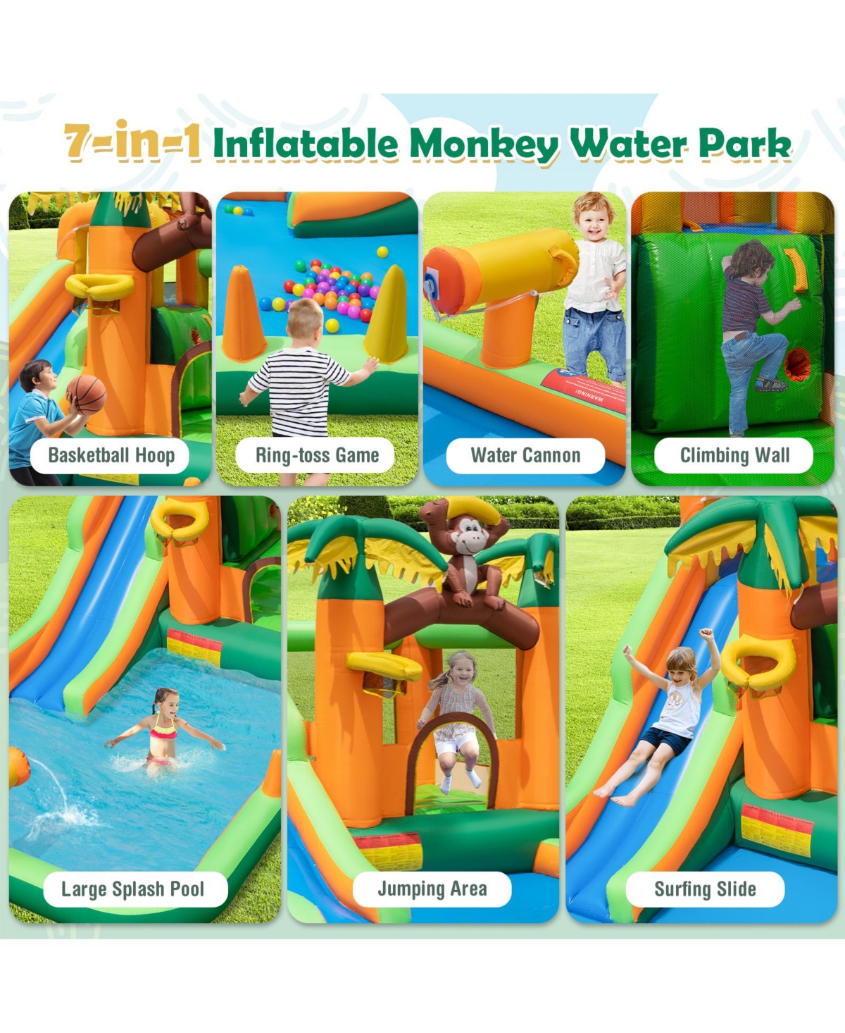 Monkey-Themed Inflatable Bounce House with Slide without Blower