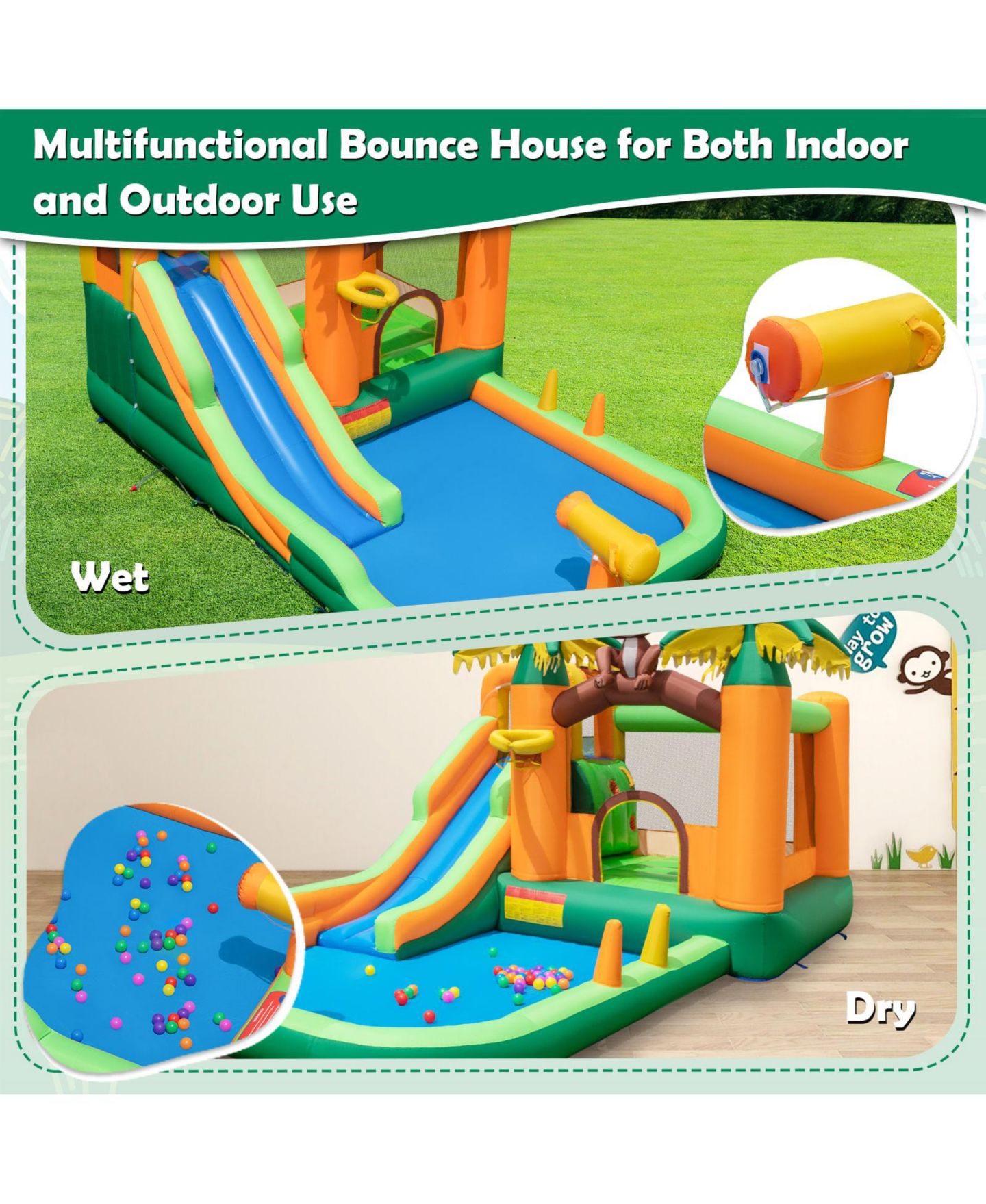 Детская игрушка Mecale Monkey-Themed Inflatable Bounce House with Slide without Blower, цвет: Синий — фото 8